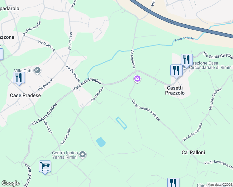 map of restaurants, bars, coffee shops, grocery stores, and more near 40 Via Santa Cristina in Provincia di Rimini