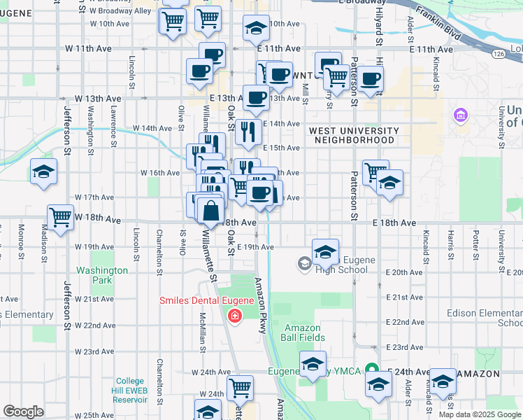 map of restaurants, bars, coffee shops, grocery stores, and more near in Eugene