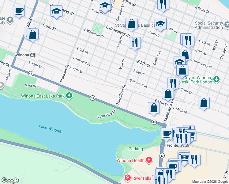 map of restaurants, bars, coffee shops, grocery stores, and more near 509 East 12th Street in Winona