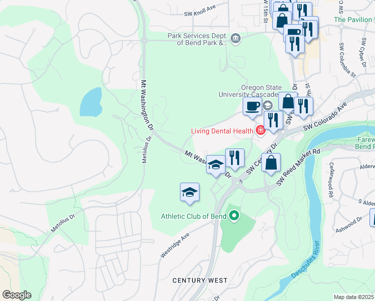 map of restaurants, bars, coffee shops, grocery stores, and more near 19630 Mountaineer Way in Bend