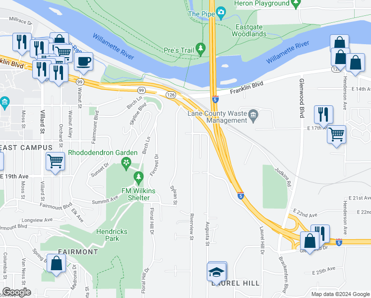 map of restaurants, bars, coffee shops, grocery stores, and more near 1765 Sylvan Street in Eugene