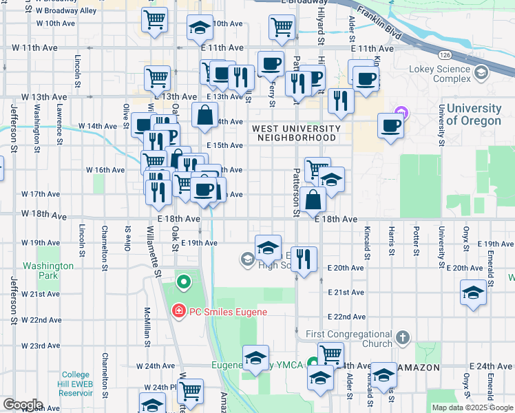 map of restaurants, bars, coffee shops, grocery stores, and more near 480 East 18th Avenue in Eugene
