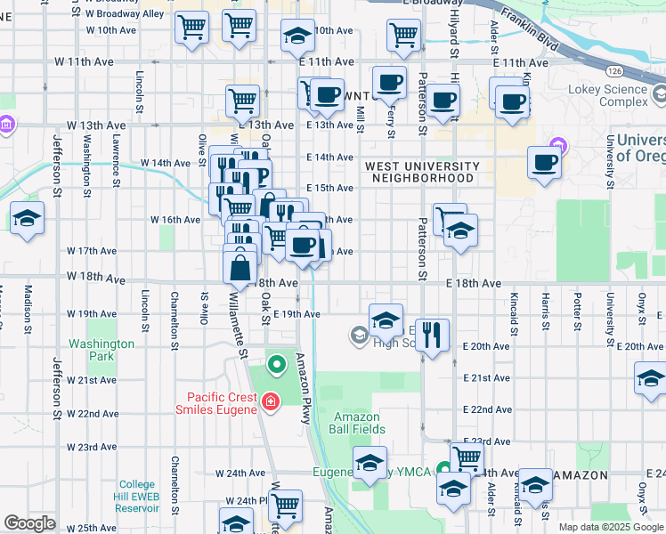map of restaurants, bars, coffee shops, grocery stores, and more near 286 East 18th Avenue in Eugene