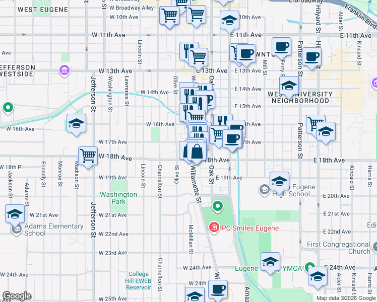 map of restaurants, bars, coffee shops, grocery stores, and more near 1711 Willamette Street in Eugene