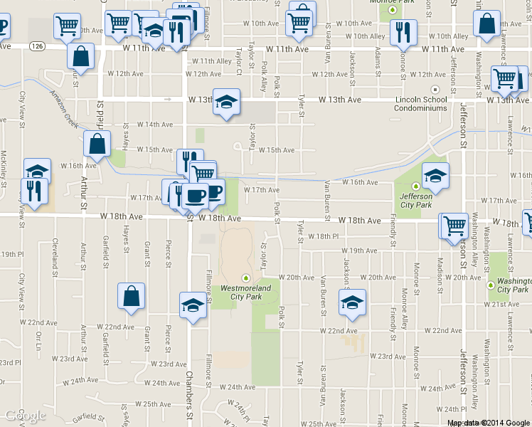map of restaurants, bars, coffee shops, grocery stores, and more near in Eugene
