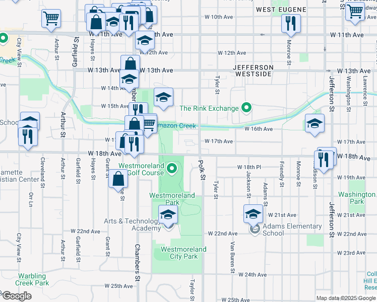 map of restaurants, bars, coffee shops, grocery stores, and more near 1862 Taylor Street in Eugene