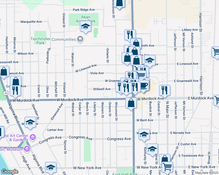 map of restaurants, bars, coffee shops, grocery stores, and more near 710 West Murdock Avenue in Oshkosh