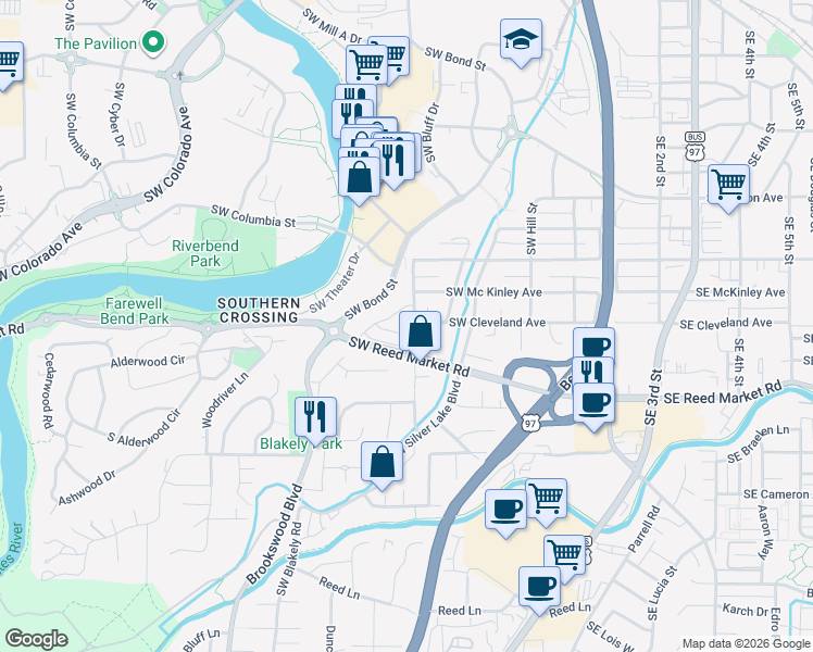 map of restaurants, bars, coffee shops, grocery stores, and more near 951 Southwest Chamberlain Street in Bend