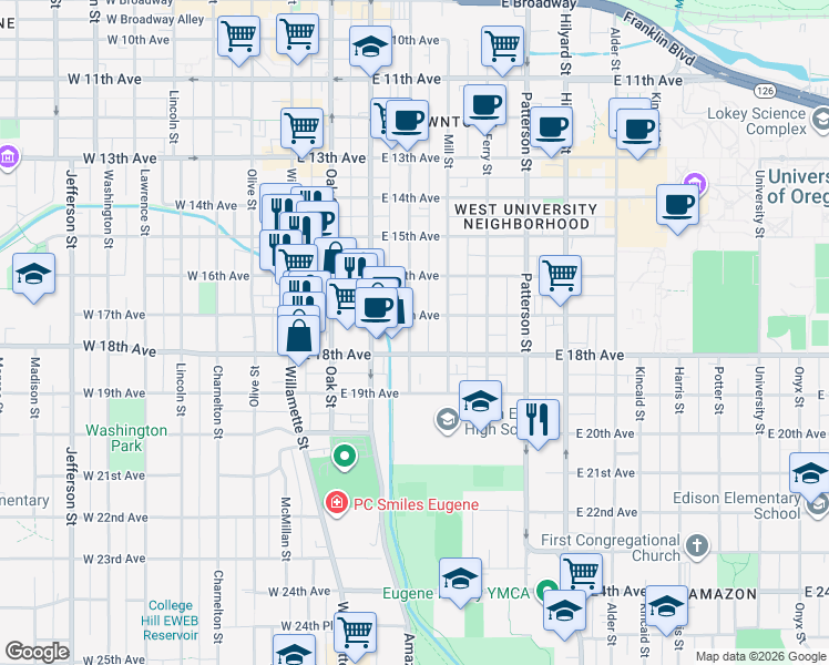map of restaurants, bars, coffee shops, grocery stores, and more near 1733 High Street in Eugene