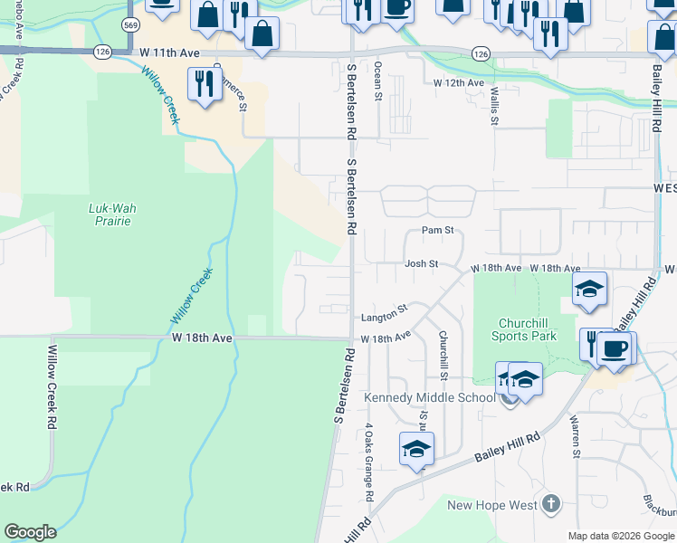 map of restaurants, bars, coffee shops, grocery stores, and more near 4143 London Court in Eugene