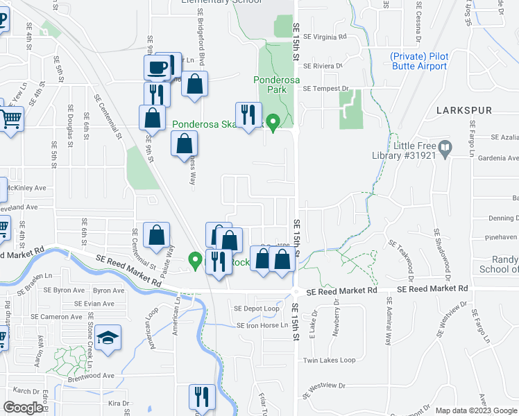 map of restaurants, bars, coffee shops, grocery stores, and more near 1001 Southeast 15th Street in Bend