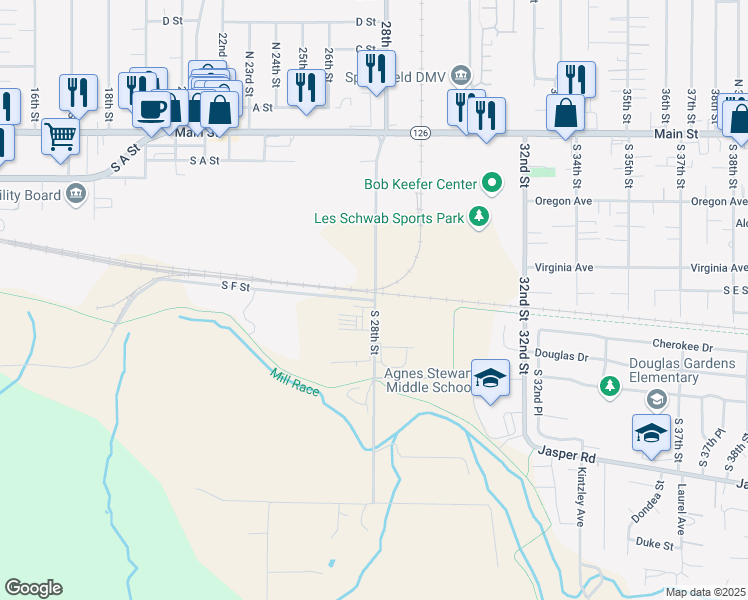 map of restaurants, bars, coffee shops, grocery stores, and more near 2475 South F Street in Springfield
