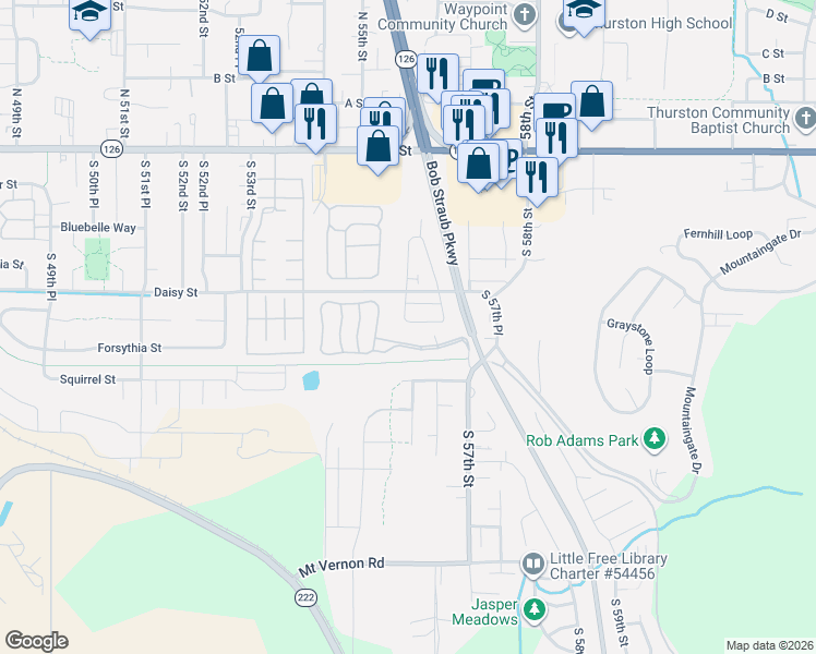 map of restaurants, bars, coffee shops, grocery stores, and more near 5660 Daisy Street in Springfield