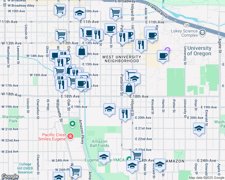 map of restaurants, bars, coffee shops, grocery stores, and more near 1739 Ferry Street in Eugene