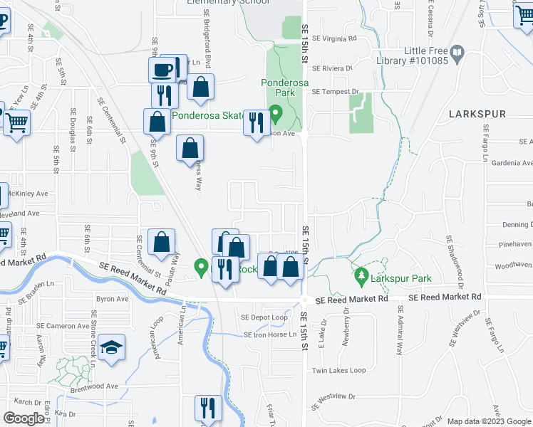 map of restaurants, bars, coffee shops, grocery stores, and more near 1001 Southeast 15th Street in Bend
