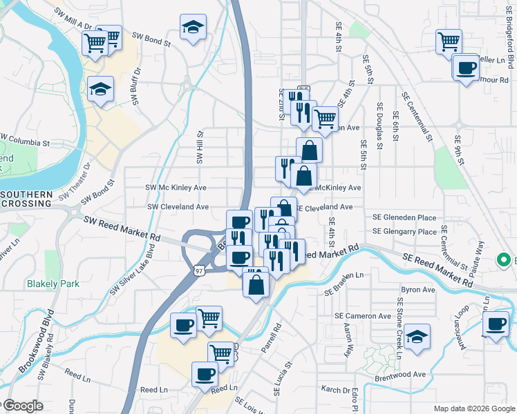 map of restaurants, bars, coffee shops, grocery stores, and more near 1045 Southeast 3rd Street in Bend