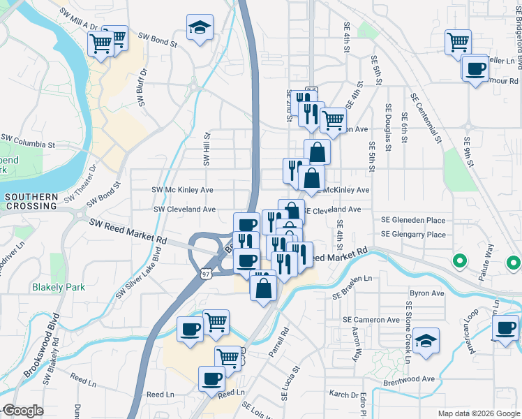 map of restaurants, bars, coffee shops, grocery stores, and more near 1045 Southeast 3rd Street in Bend