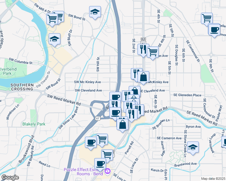 map of restaurants, bars, coffee shops, grocery stores, and more near 79 Bend Parkway in Bend