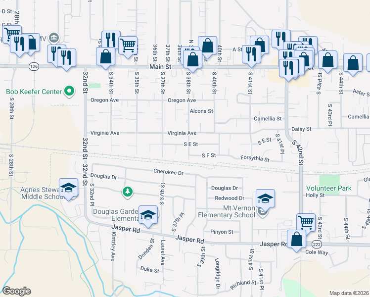 map of restaurants, bars, coffee shops, grocery stores, and more near 3825 South F Street in Springfield