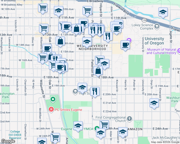 map of restaurants, bars, coffee shops, grocery stores, and more near 560 East 18th Avenue in Eugene