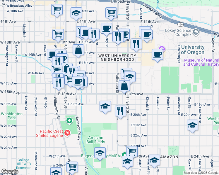 map of restaurants, bars, coffee shops, grocery stores, and more near 480 East 18th Avenue in Eugene