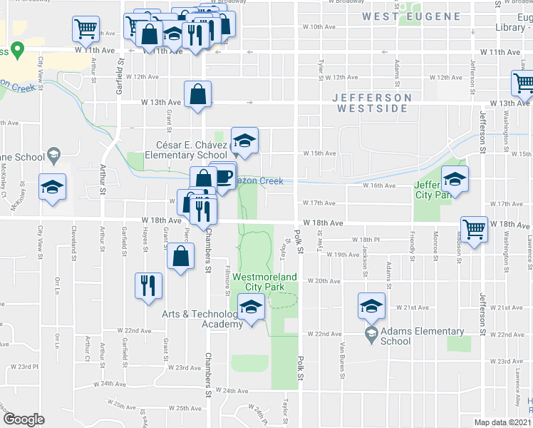 map of restaurants, bars, coffee shops, grocery stores, and more near 1862 Taylor Street in Eugene