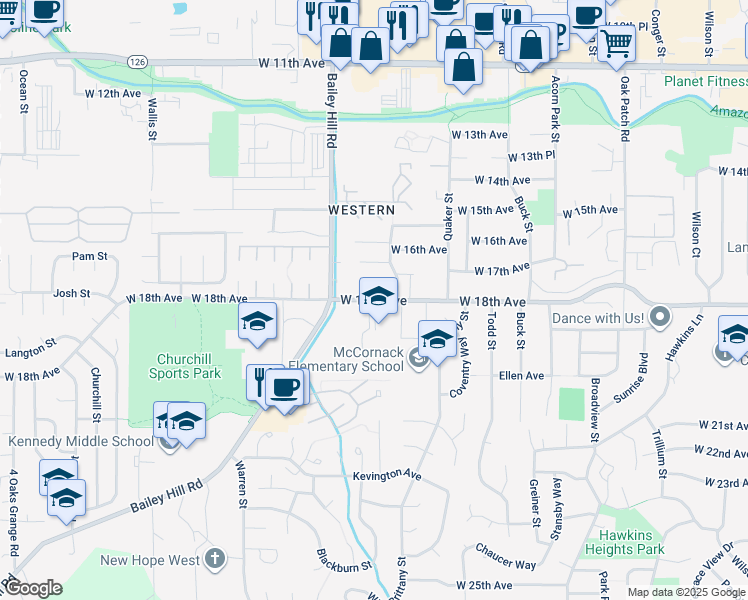 map of restaurants, bars, coffee shops, grocery stores, and more near 3590 West 18th Avenue in Eugene