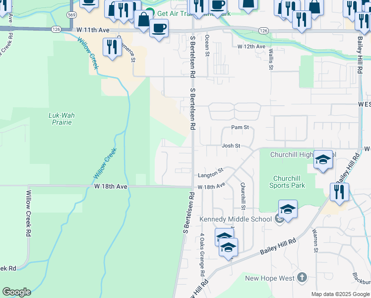 map of restaurants, bars, coffee shops, grocery stores, and more near 4143 London Court in Eugene