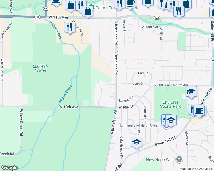 map of restaurants, bars, coffee shops, grocery stores, and more near 4143 London Court in Eugene
