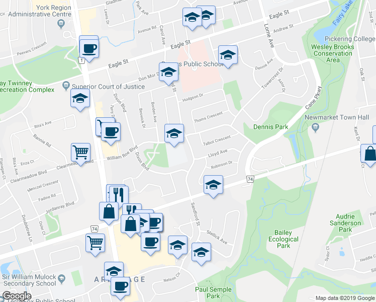 map of restaurants, bars, coffee shops, grocery stores, and more near 497 Dixon Boulevard in Newmarket