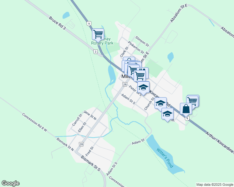 map of restaurants, bars, coffee shops, grocery stores, and more near 38 Absalom Street West in Mildmay