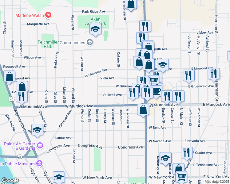 map of restaurants, bars, coffee shops, grocery stores, and more near 710 West Murdock Avenue in Oshkosh
