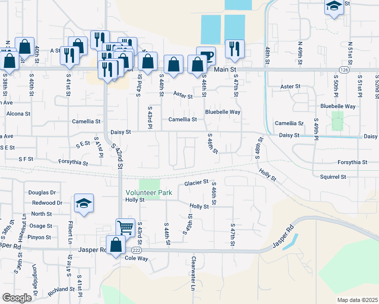map of restaurants, bars, coffee shops, grocery stores, and more near 4475 Daisy Street in Springfield