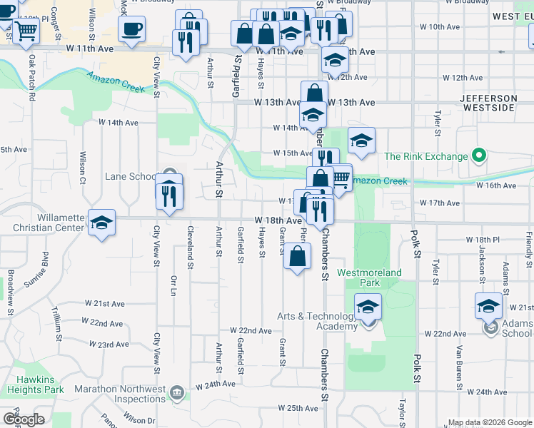 map of restaurants, bars, coffee shops, grocery stores, and more near 1875 West 18th Avenue in Eugene