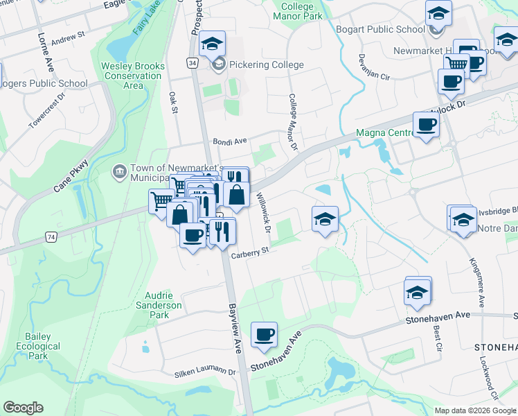 map of restaurants, bars, coffee shops, grocery stores, and more near 558 Willowick Drive in Newmarket