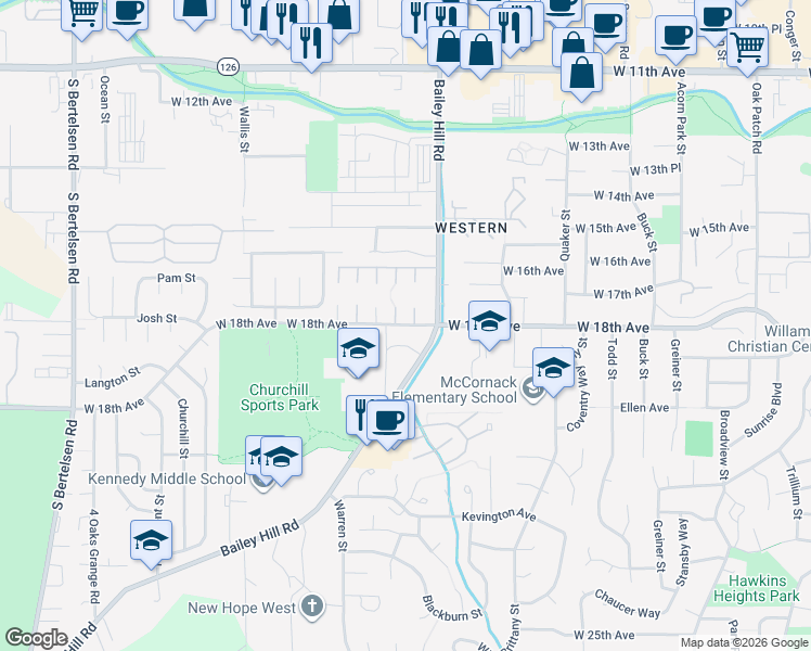 map of restaurants, bars, coffee shops, grocery stores, and more near 3659 West 18th Avenue in Eugene