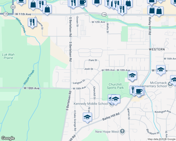 map of restaurants, bars, coffee shops, grocery stores, and more near 3924 Josh Street in Eugene