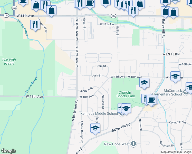 map of restaurants, bars, coffee shops, grocery stores, and more near 3785 West 18th Avenue in Eugene
