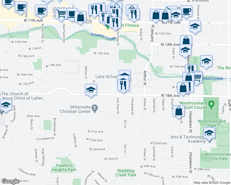 map of restaurants, bars, coffee shops, grocery stores, and more near 2305 West 18th Avenue in Eugene