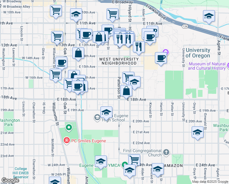 map of restaurants, bars, coffee shops, grocery stores, and more near 1721 Patterson Alley in Eugene