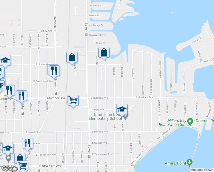 map of restaurants, bars, coffee shops, grocery stores, and more near 1904 Grove Street in Oshkosh