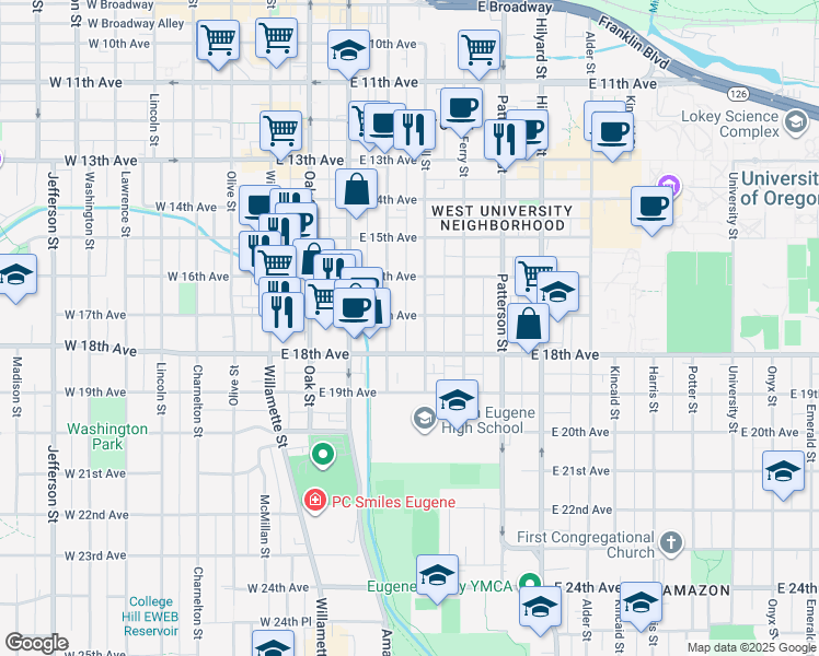 map of restaurants, bars, coffee shops, grocery stores, and more near 1723 Mill Alley in Eugene