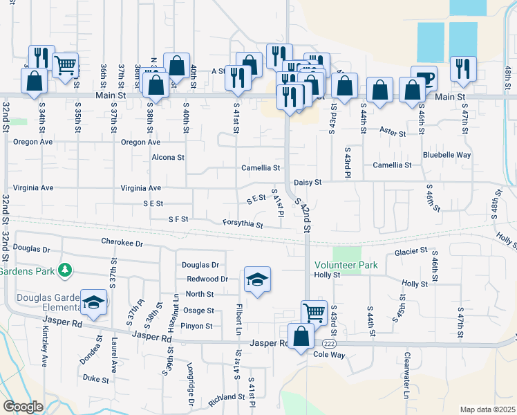map of restaurants, bars, coffee shops, grocery stores, and more near 4122 South E Street in Springfield
