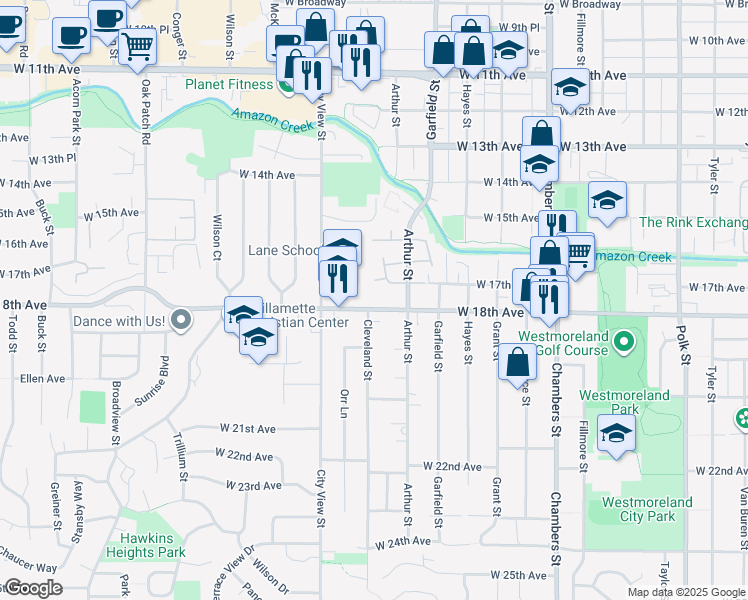 map of restaurants, bars, coffee shops, grocery stores, and more near 1775 Cleveland Place in Eugene