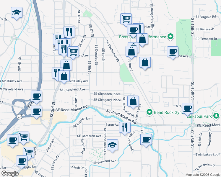 map of restaurants, bars, coffee shops, grocery stores, and more near 903 Southeast Polaris Court in Bend