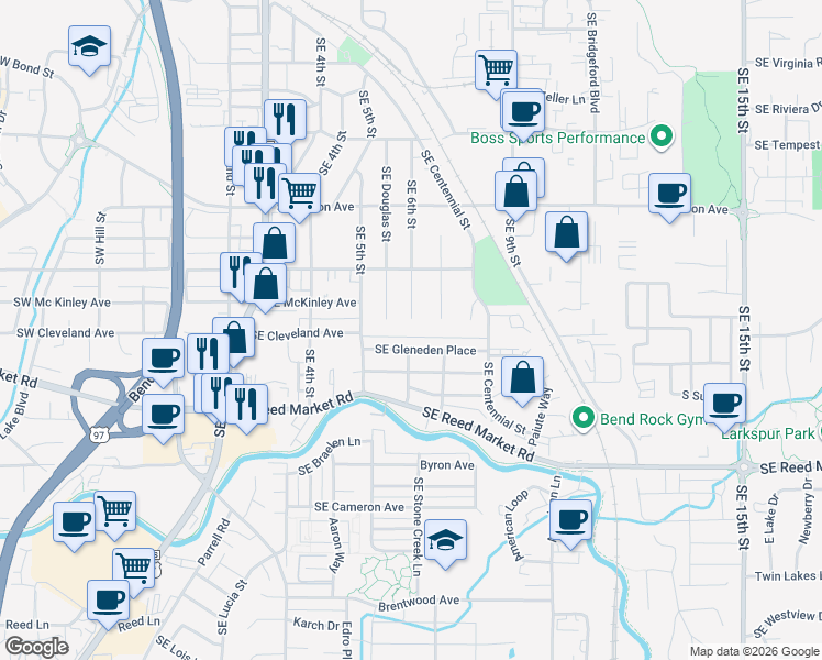 map of restaurants, bars, coffee shops, grocery stores, and more near 900 Southeast Douglas Street in Bend