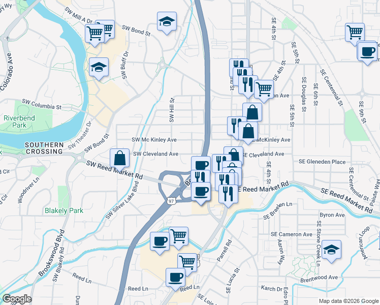 map of restaurants, bars, coffee shops, grocery stores, and more near 35 Southwest Mc Kinley Avenue in Bend