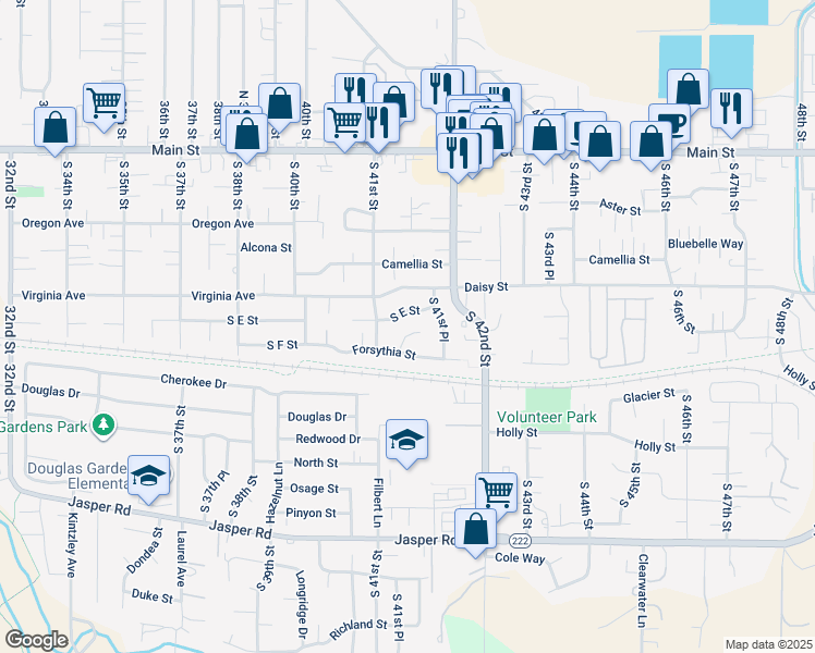 map of restaurants, bars, coffee shops, grocery stores, and more near 4122 South E Street in Springfield