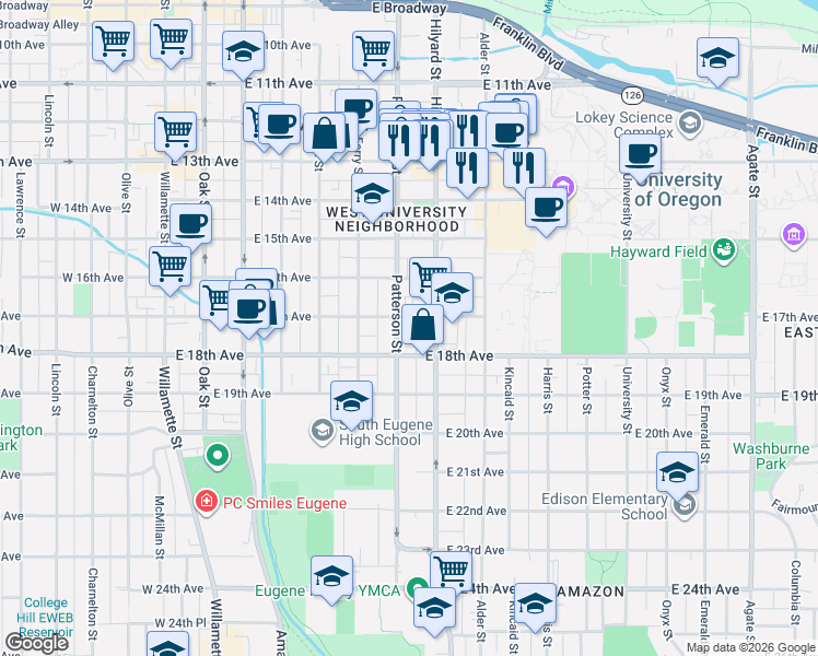 map of restaurants, bars, coffee shops, grocery stores, and more near 1676 Hilyard Street in Eugene