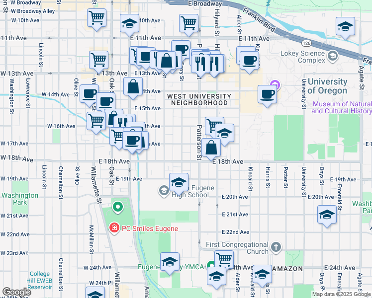 map of restaurants, bars, coffee shops, grocery stores, and more near 6168 Ferry Street in Eugene